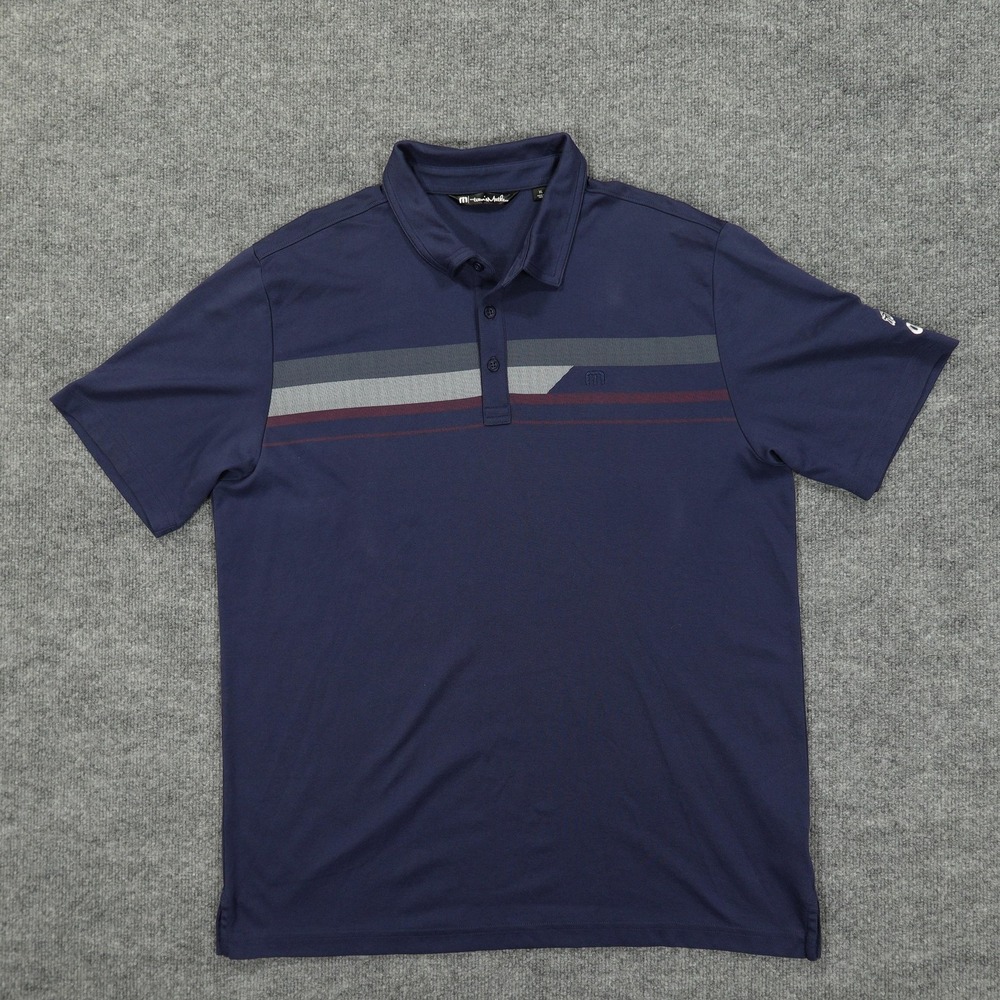 Travis Mathew Polo Shirt Men XL Navy Blue Golf‎ Performance Striped Stretch OAKS